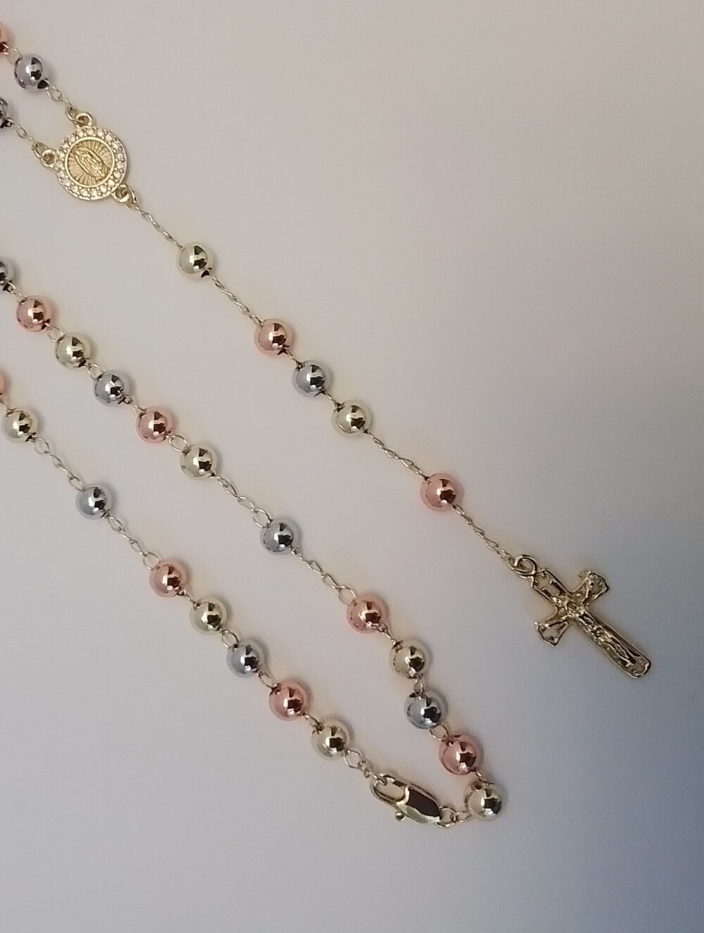 Pretty Bird Tri-Tone Rosary Bead Necklace in Gold, Rose, Silver